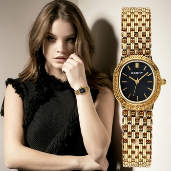 BERNY Ženy Quartz Hodinky z Nerezovej Ocele Luxusný Zlatý Náramok Mosadz Háčik Pracky Nepremokavé Ultra-tenké Pár Dámske Náramkové hodinky Obrázok