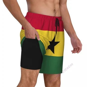 Ghana Vlajka 3D Mens Plávanie Šachty S Kompresiou Liner 2 v 1 Rýchly-Suché Leto Plávať Šortky S Vreckami Obrázok
