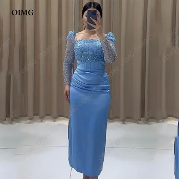 OIMG Lesklé bez Ramienok Večerné Šaty Elegantné Sky Blue Sequin Korálkové Plný Rukávov Večerné Šaty Saténové Formálne Prom Šaty Pre Ženy Obrázok
