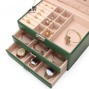 Vysoká Kapacita Kožené Šperky Box Cestovné Šperky Prípade Boxy Multi Funkčné Tri Vrstvy Kožené Šperky Box Obrázok