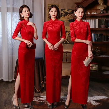 2023 Čínsky Štýl, Dlhé Šaty Pódium Slim Cheongsam Ženy Červená Qipao Bavlna Svadobné Party Hanfu Lete Obrázok