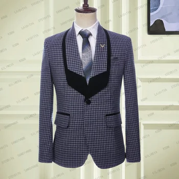 2023 pánske Oblek Luxusné Sako Retro Skontrolujte Vzor Šatkou Slim Fit Jarný Kabát Jediný Breasted Business Bunda Jeden Kus Obrázok