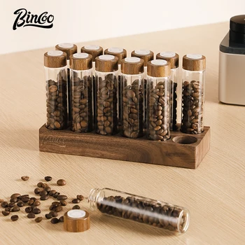 BINCOO Multifunkčné Coffee Bean Zapečatené Môže Drevený Rám Displeja, Stojan Kávy Skladovacia Nádrž pre Domácnosť Transparentné Jar Obrázok