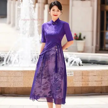 2023 čínsky lepšiu qipao šaty vintage cheongsam národnej kvetina tlače oka šifón qipao orientálna večerné šaty vestido Obrázok