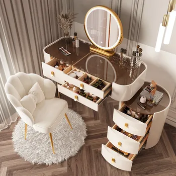 Multifunkčné Biely Toaletný Stolík Luxusný Make-Up Spálni Zrkadlo Stolice Márnosť Tabuľka Zásuvky Meuble De Chambre Bielizníka Nábytok Obrázok