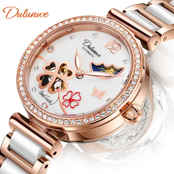 Dulunwe Nové Automatické Mechanické Hodinky pre Ženy, Luxusné Sapphire Elegantné Keramika Nerezová Oceľ Watchband Dámske Náramkové hodinky Obrázok