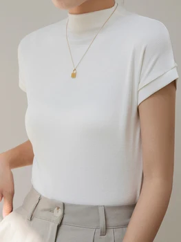 QOERLIN Fashion Dievčatá Turtleneck T-Shirts Ženy Lete Roku 2023 Krátky Rukáv Biela Čierna Topy Tees Bežné 95% Bavlna Elastické Tričká Obrázok
