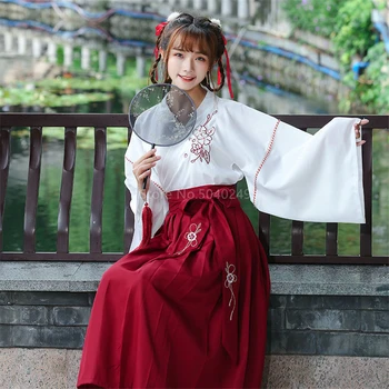 Japonský Šaty Žien Kimono Cardigan Dievčatá Sukne Hornej Nastaviť Kvetinový Vyšívané Celý Rukáv Yukata Haori Staroveké Orientálne 2ks Oblek Obrázok